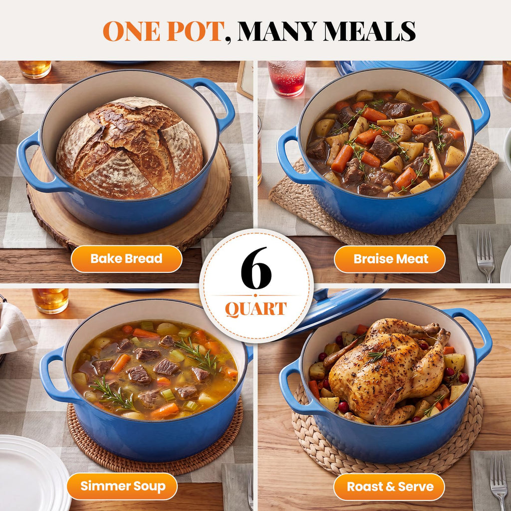 6 Qt Enameled Cast Iron Dutch Oven Pot with Lid, Blue