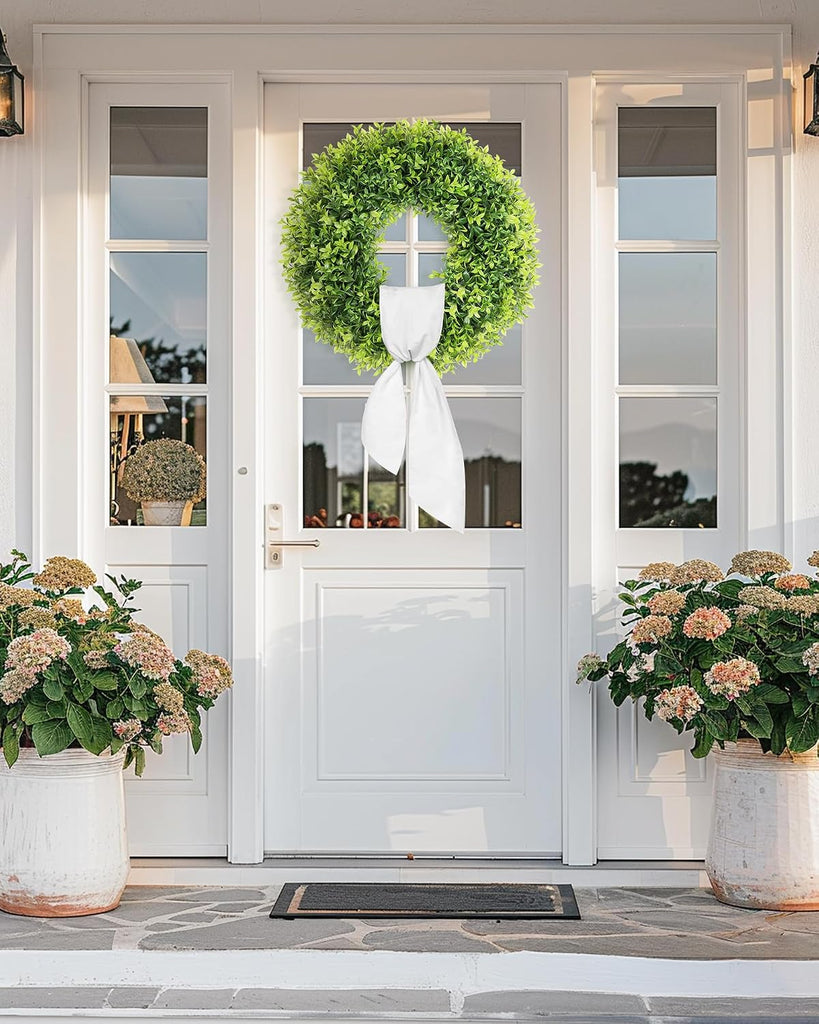 22 Inch Artificial Boxwood Wreaths for Front Door with Sash Outdoor Summer Wreath for Front Door, Spring Green Wreath