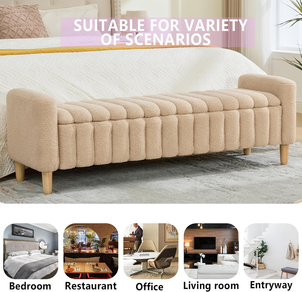 Teddy Ottoman Bench with Storage,63.4" Armed Long Storage Benches for Bed End King Size,Channel Tufted Bedside Bench