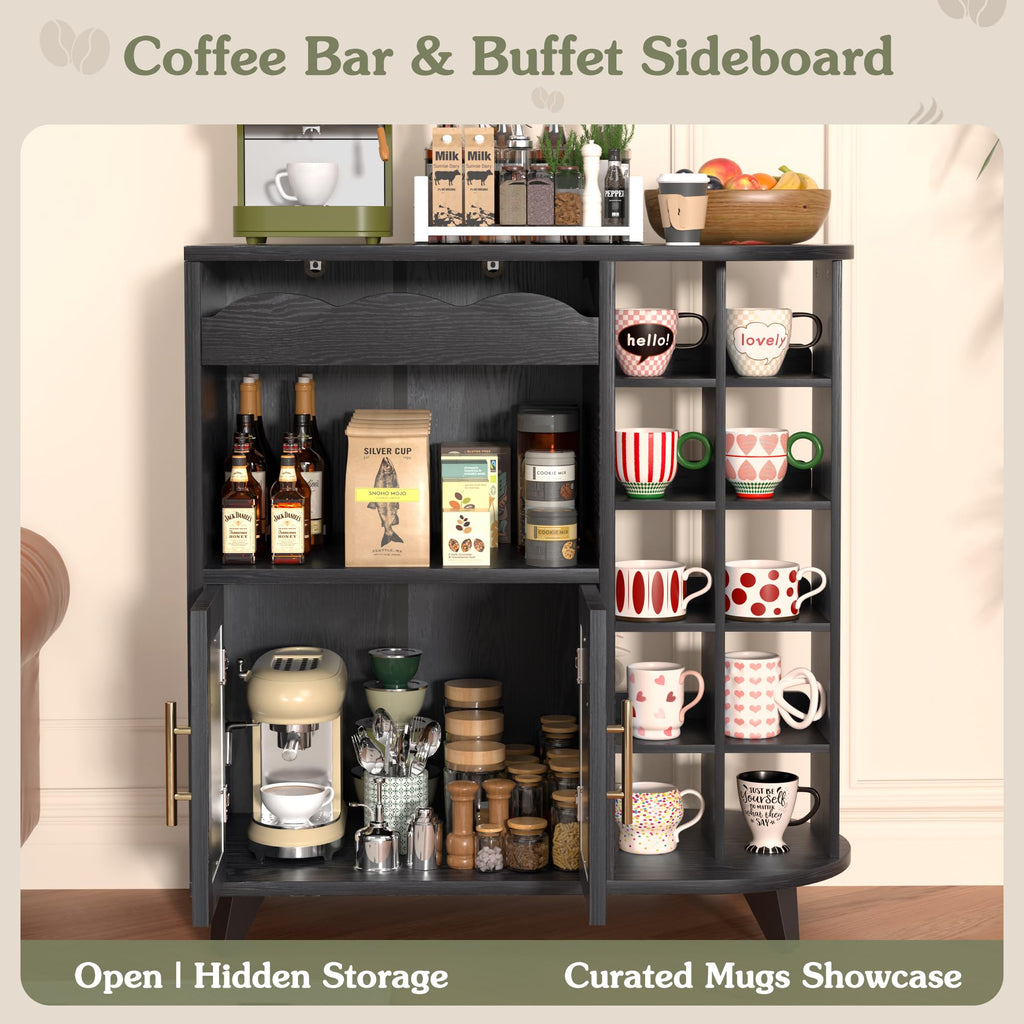 Coffee Bar Cabinet with 24-Cup Display, Large Drawer & Storage, Modern Buffet Sideboard, Medium Wooden Bar Station