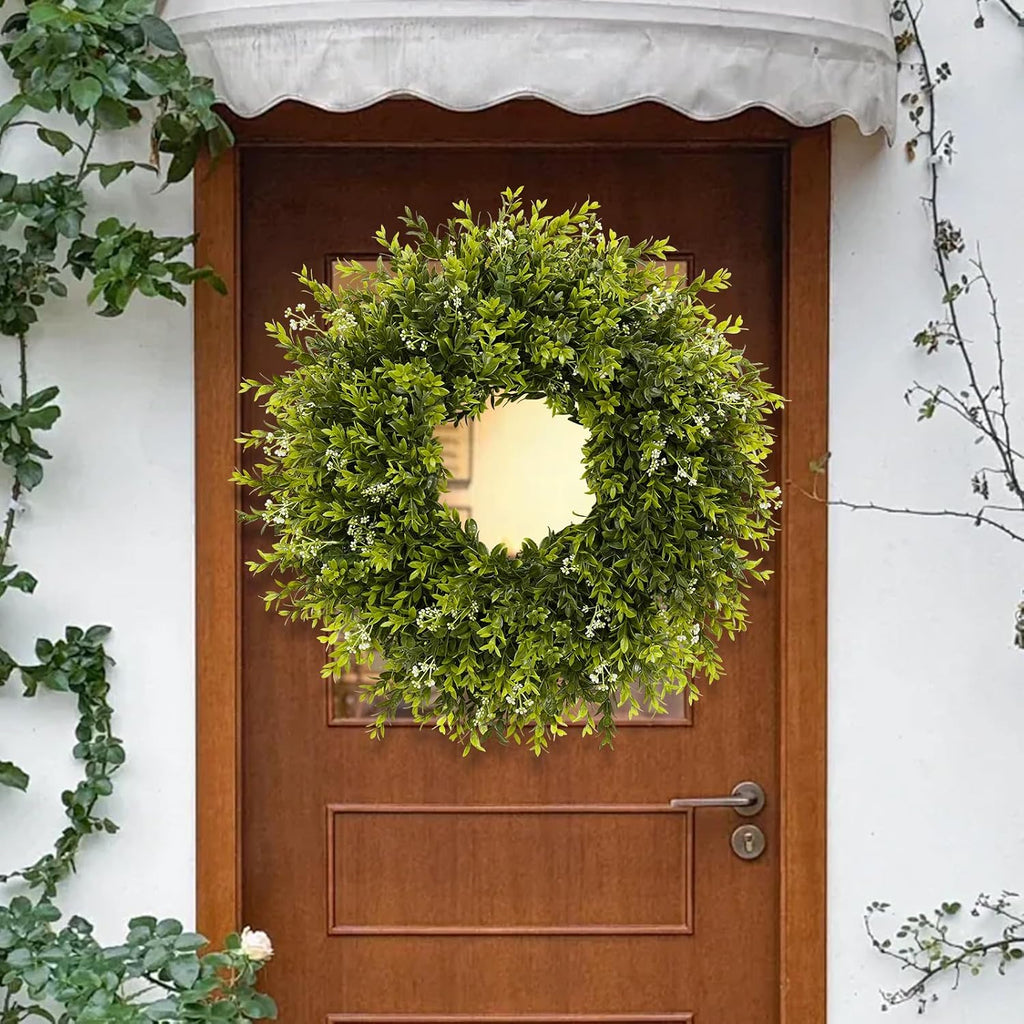 28'' Large Boxwood Wreath for Front Door Porch Window Artificial Boxwood Leaves with White Seed Greenery Outdoor