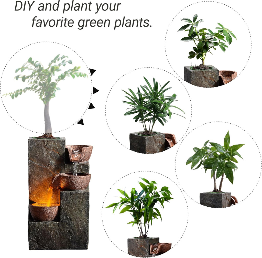 Tabletop Indoor Water Fountain - 3-Tier Rock Waterfall Fountain with Warm LED Light and DIY Planting Pot - Relaxing
