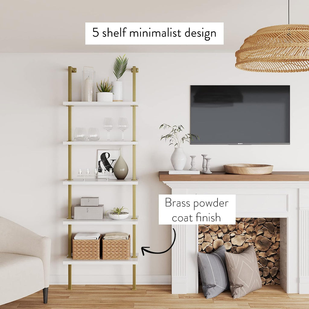 Theo 5-Shelf Gold, Ladder Bookcase with Gold/Brass Metal Frame, White, Set of 2