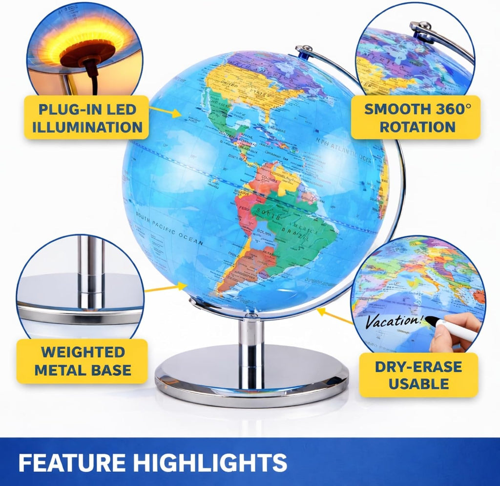 LED Illuminated World Globe with Chrome Rotating Stand - Desk Display Globe with Lighted Map, Metal Base, Plug
