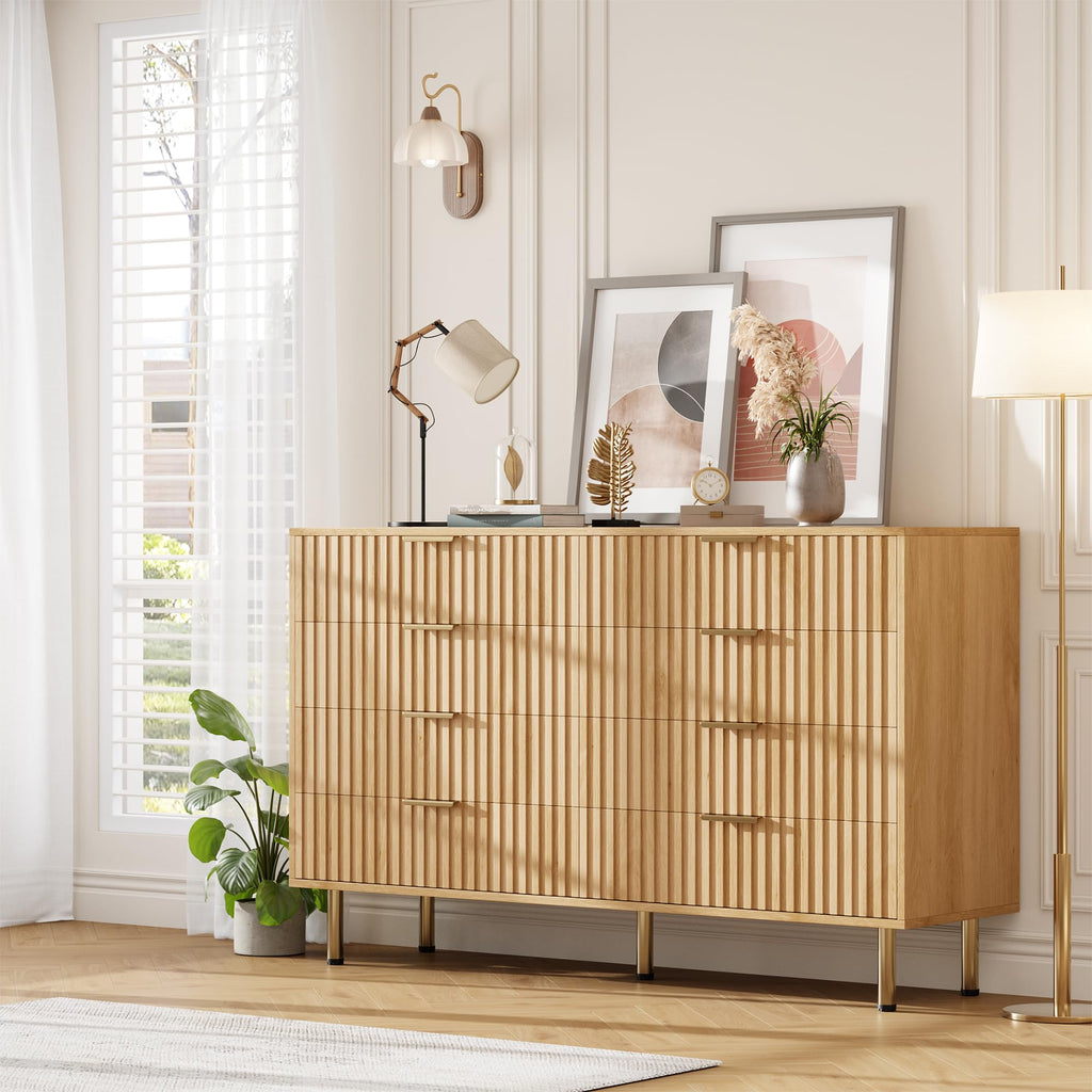 55" Fluted Natural 8 Drawer Dresser with Deep Drawer