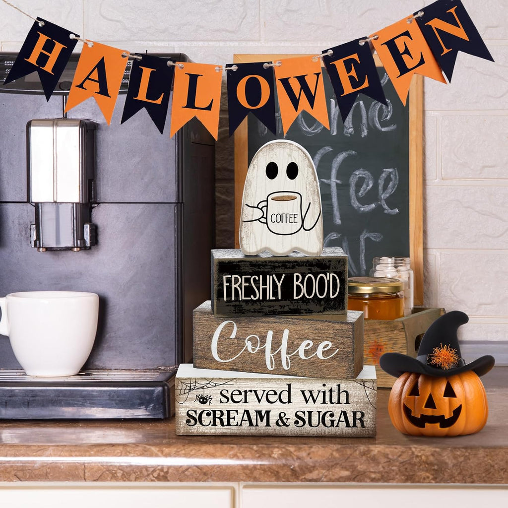 Halloween Coffee Table Decor Wooden Ghost Coffee Bar Sign - Set of 4