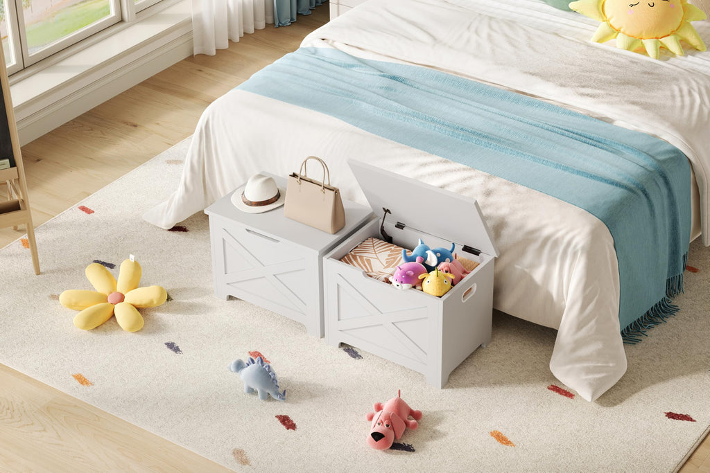 Farmhouse Style Wooden Storage Bench - 23.6" Chest with Safety Hinge, U-Shaped Handle, X-Shaped Design, 300 lbs