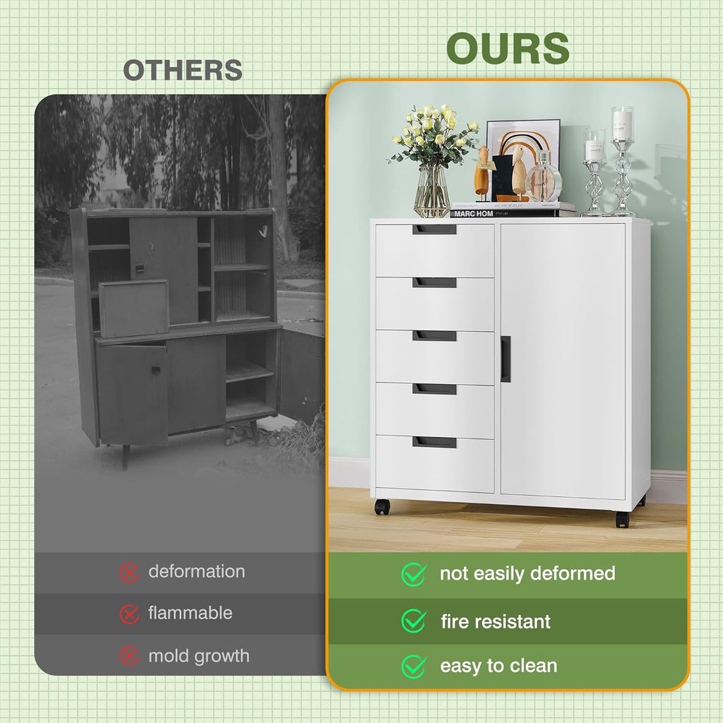 5-Drawer Metal Storage Cabinet with Adjustable Shelves and Wheels, Printer Stand with Storage, Craft Organizers and