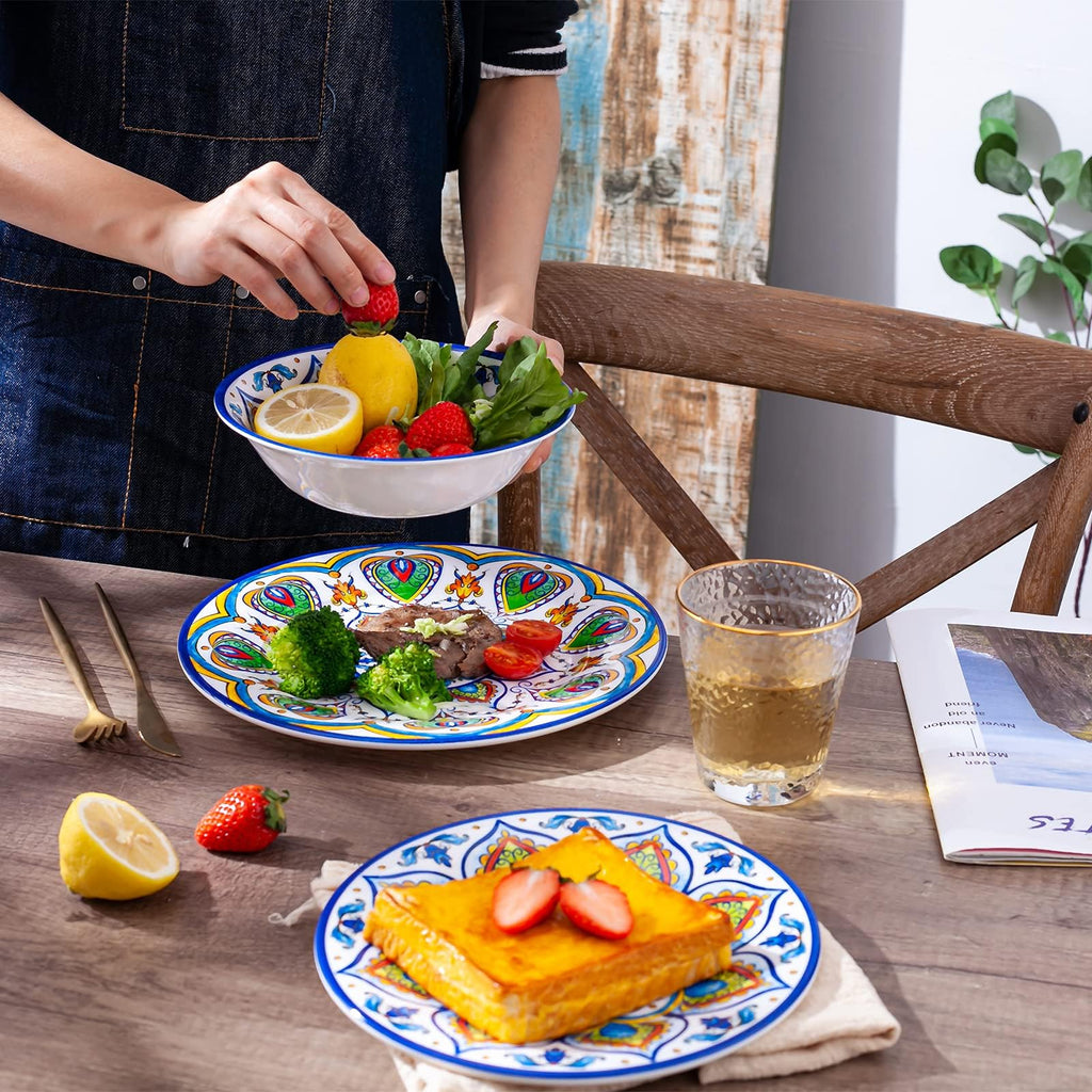 Melamine Dinnerware Set, 12 Pcs Dinner Plates Bowls Sets for Indoor and Outdoor Use, Durable Unbreakable Dishes Sets