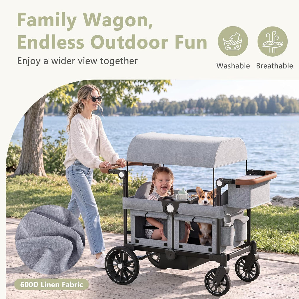Folding Wagon Stroller for 2 Kids, Shock-Absorbing Wheel, Gray