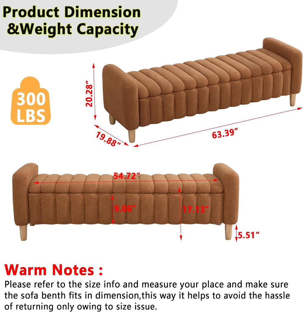 Teddy Caramel Ottoman Bench with Storage,63.4" Armed Long Storage Benches for Bed End King Size,Channel Tufted