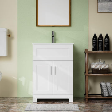 24" White Freestanding Bathroom Vanity with Single Sink - Modern Vanity Cabinet