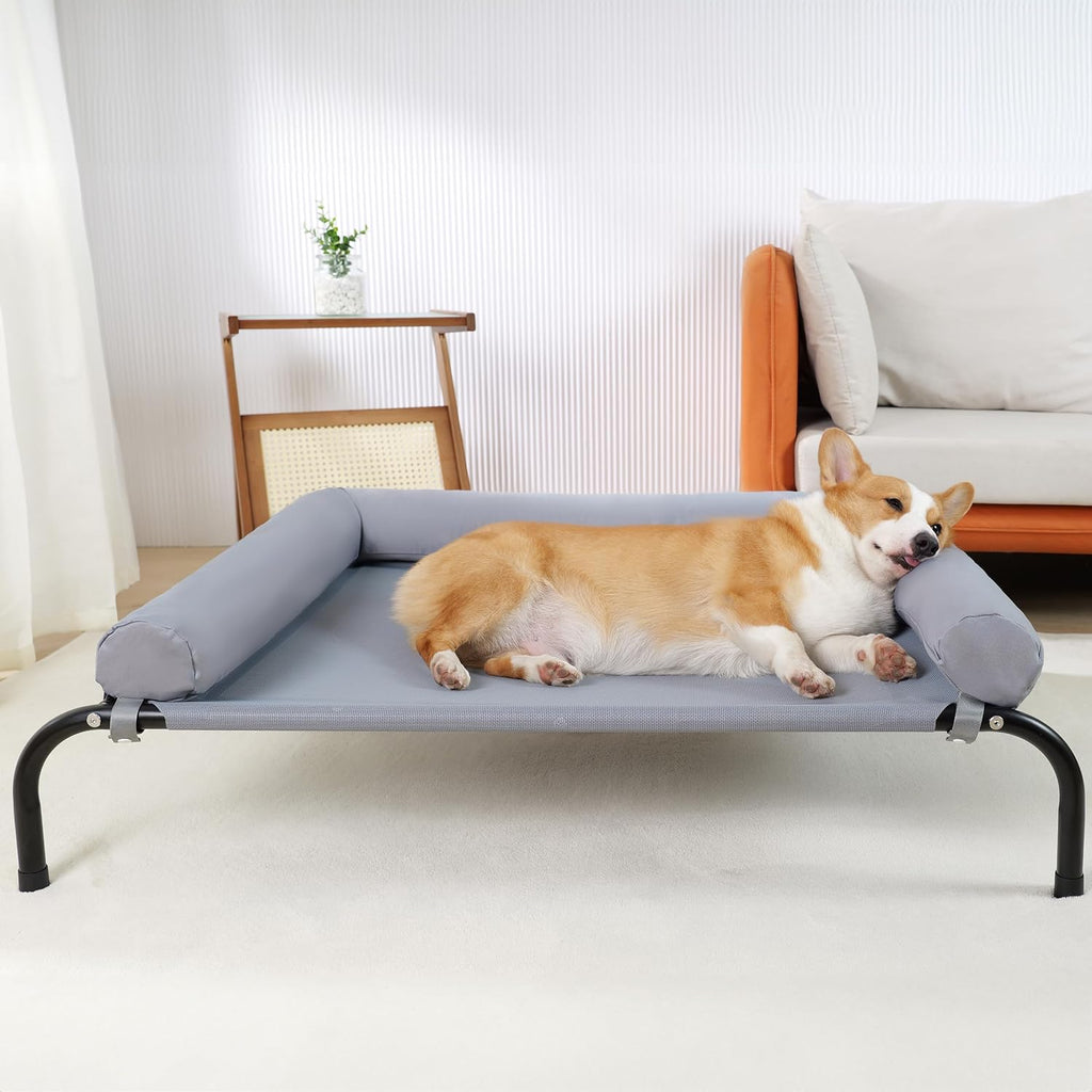 Cooling Elevated Dog Bed with Pillows, Portable Washable Raised Dog Cot with Chew Proof Mesh and Metal Frame, No-Slip