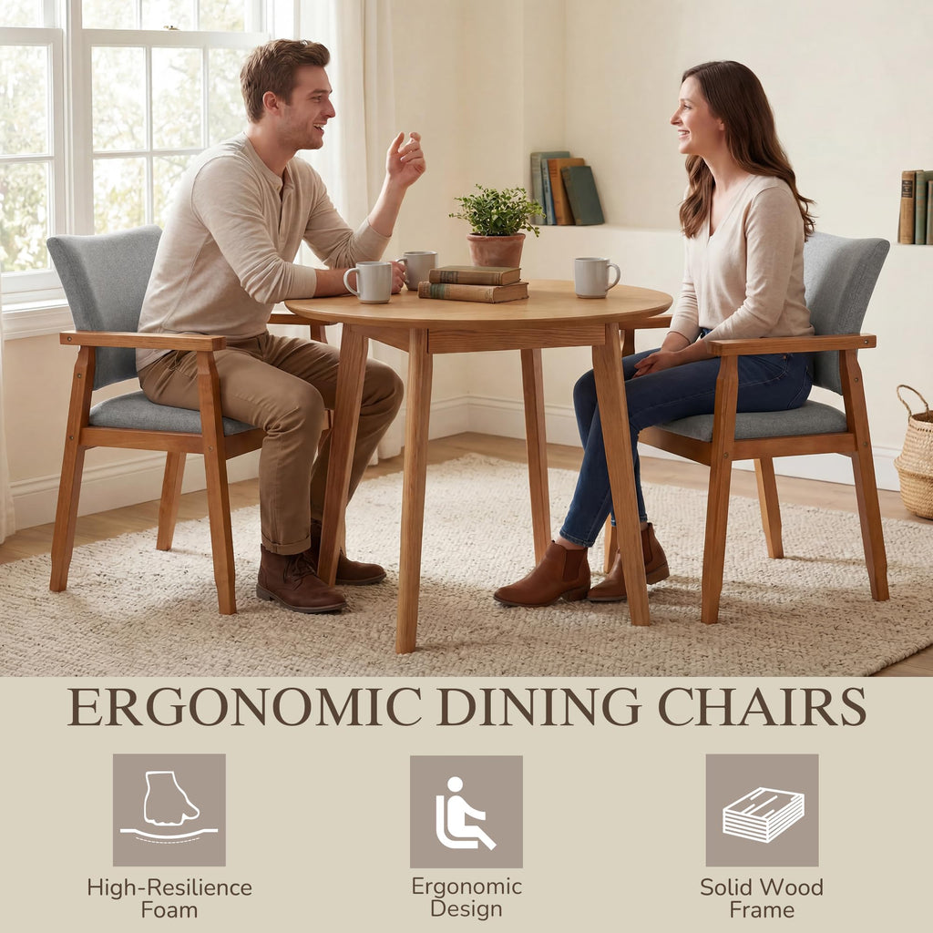 Mid-Century Modern Linen Dining Chair with Arms, Solid Wood Frame, 320 lbs Weight Capacity, Upholstered Accent Chair