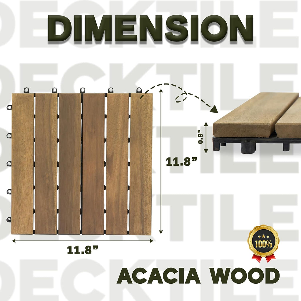 Natural Acacia 12x12 Interlocking Wood Deck Tiles for Balcony, Garden, Patio, Poolside Decor - Waterproof Indoor &
