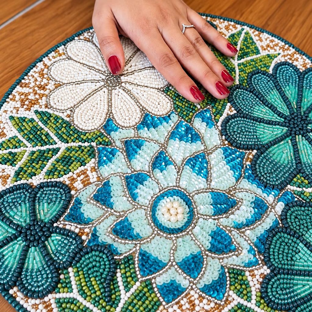 Beaded Placemats 13" Flower, Round Dining Table mat, Teal Multi