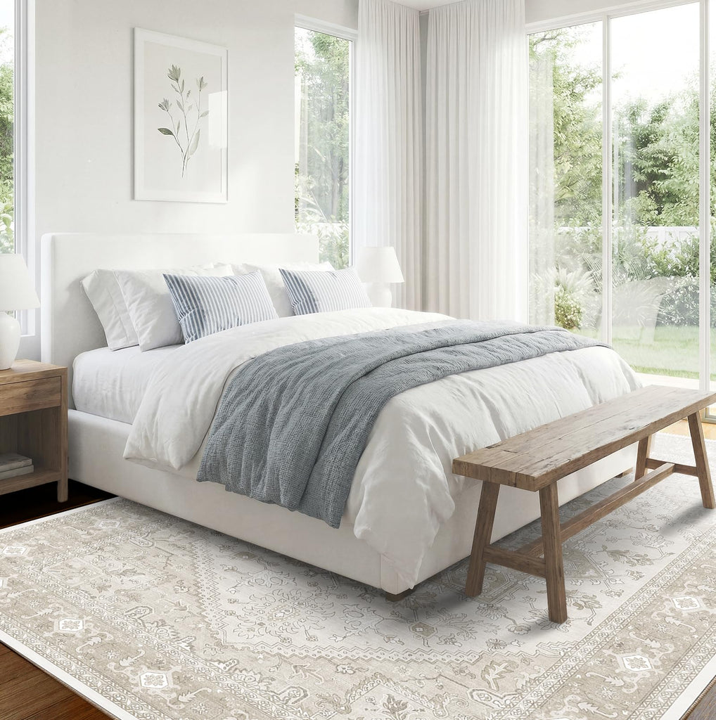 Soft Area Rugs 4', Persian-Inspired Washable Rug, Beige