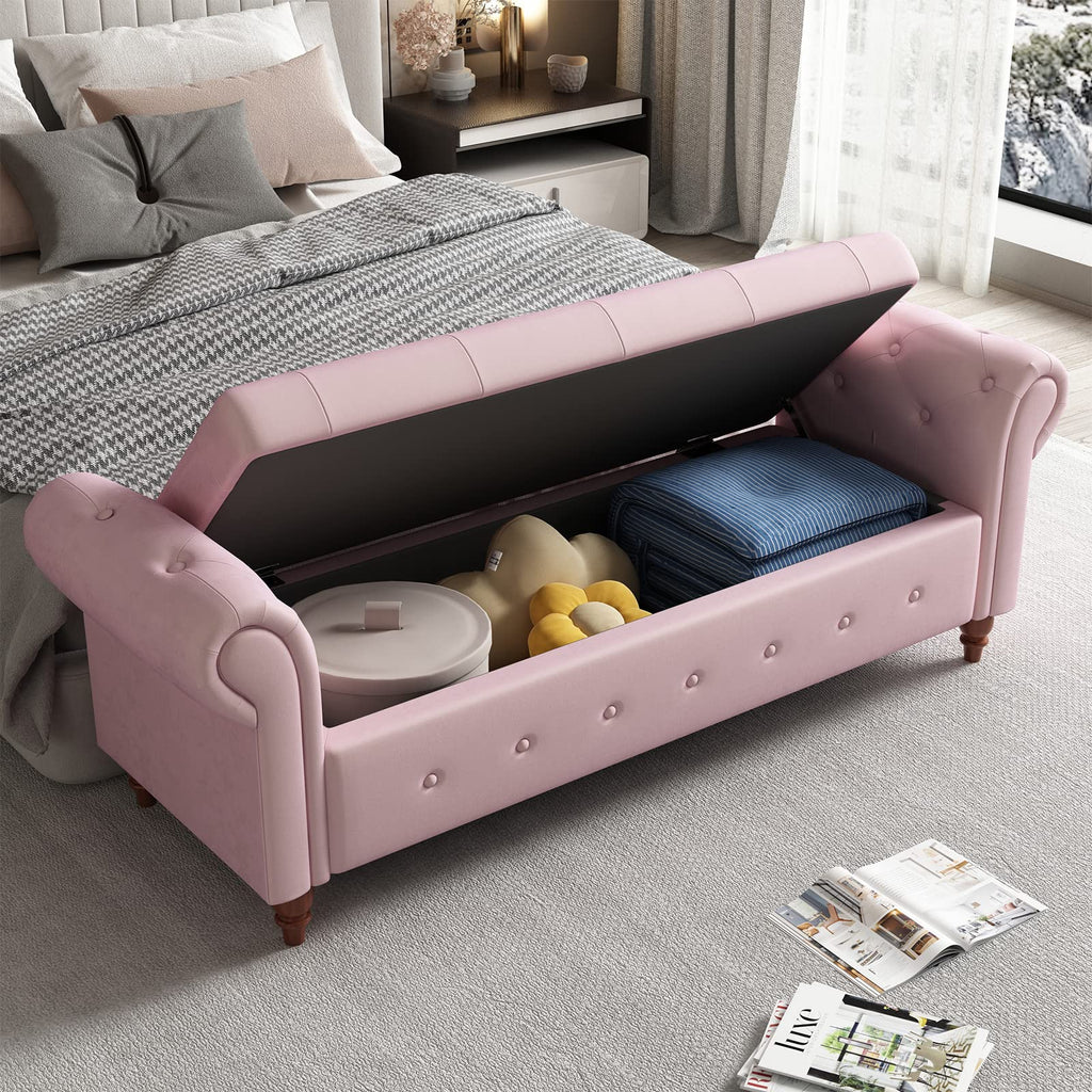 63" Tufted Storage Bench End of Bed, Velvet Upholstered Storage Ottoman Bench, Rolled Arm Window Bench Seat with Solid