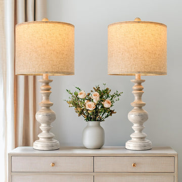 24" Farmhouse Resin Table Lamp Set of 2, Vintage Lamps Bedroom with Linen Shades, Traditional Rustic Bedside Lamps