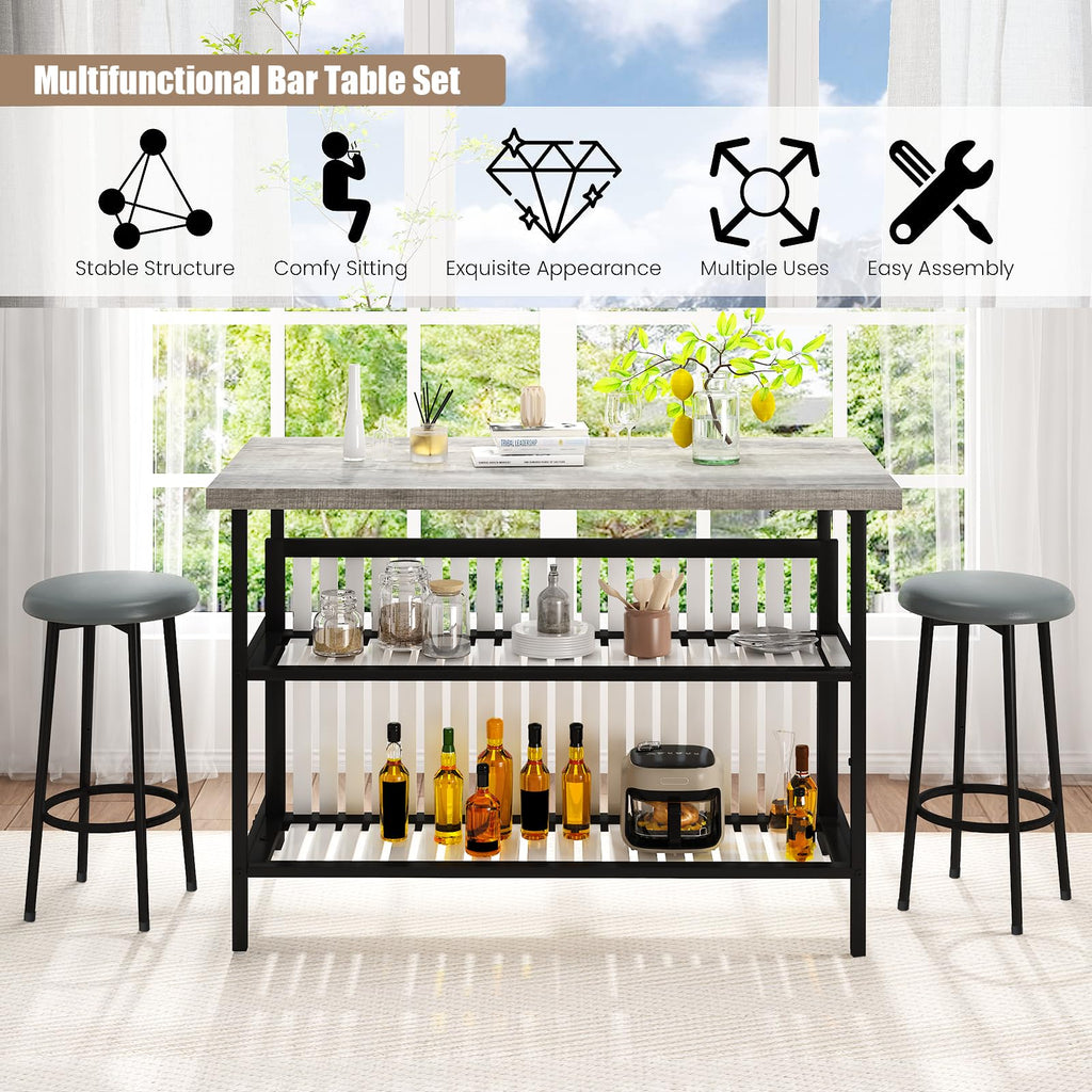 3 Piece Bar Table and Chairs Set, Industrial Bar Table Set with Storage Shelves, Marble Counter Height Island with 2