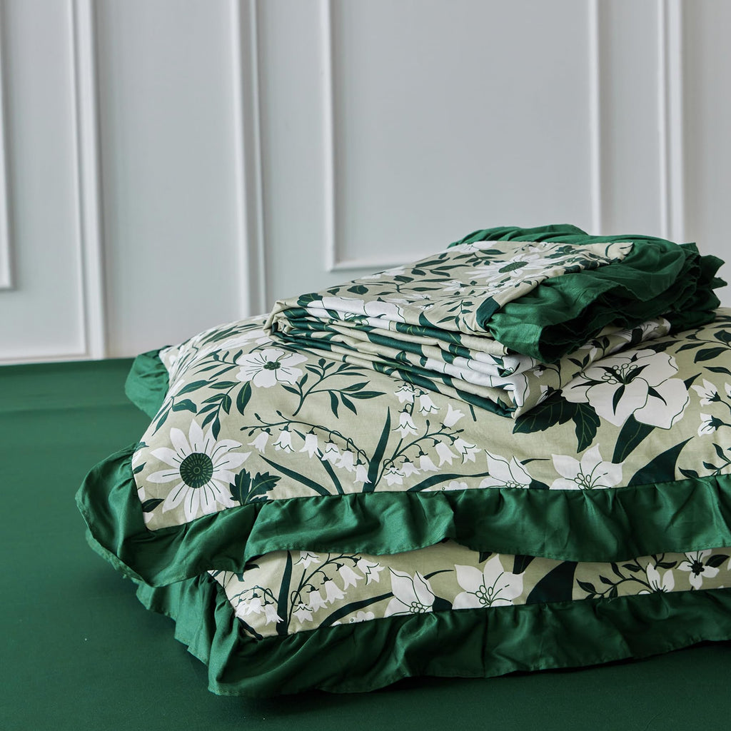 Green Botanical Ruffle Duvet Cover 100% Cotton 3 Pcs Set