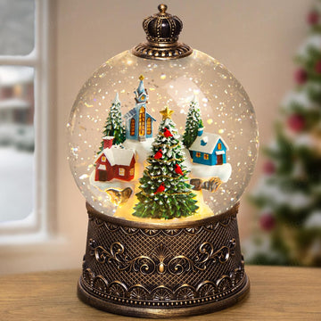 Christmas Snow Globe Lantern, Glitter Musical Snowglobe Light with Timer, USB & Battery Powered Music Box, Village