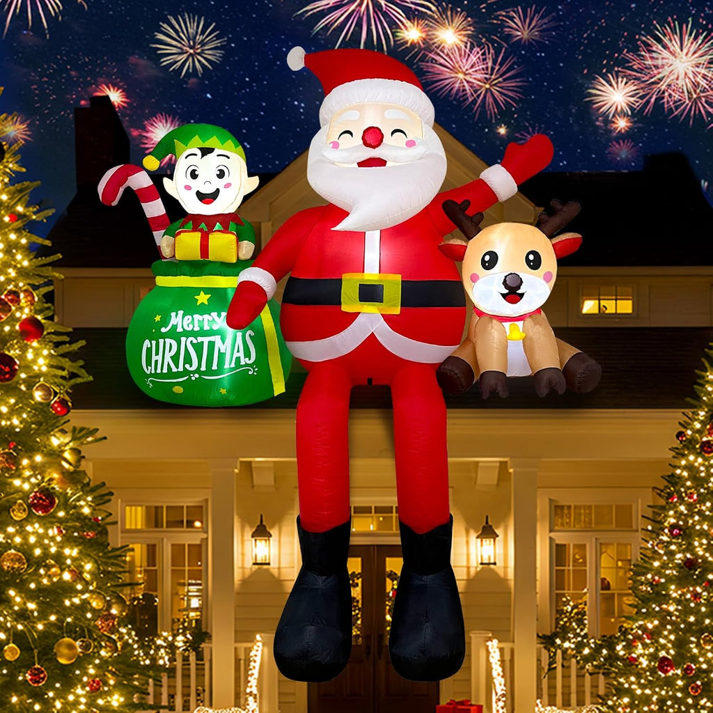8FT Christmas Inflatables Outdoor Decoration, Climbing Inflatable Santa Claus Decor with Reindeer Elf & Built-in