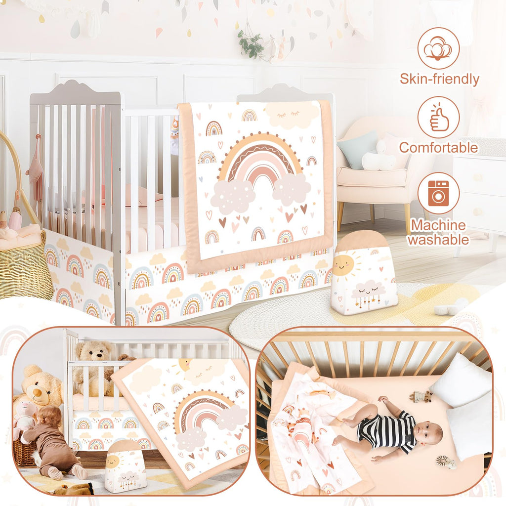 4 Pieces Baby Crib Bedding Set for Girls and Boys, Soft Baby Bedding Set Including Crib Skirt, Comforter, Sheet and