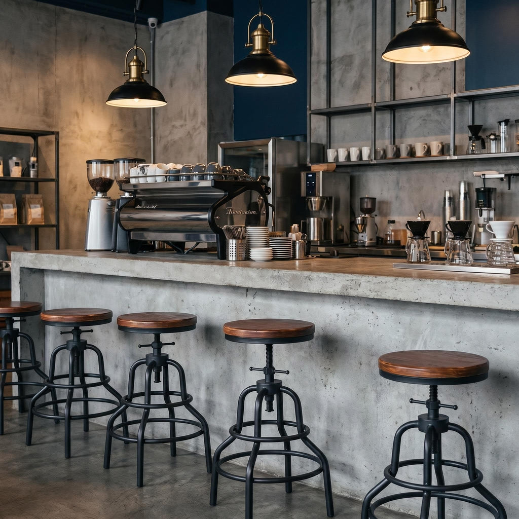 Industrial Bar Stools, Screw Twist Height Adjustable Counter Stool with Round Solid Wood Seat, Matte Black Iron