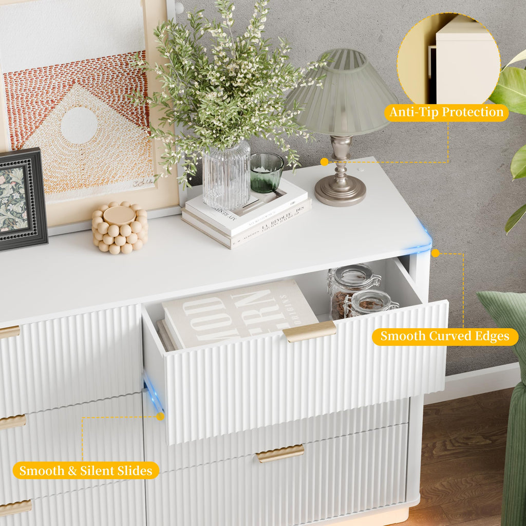 Fluted Dresser with 6 Drawers, 54" Wide Modern Chest of Drawers with Lighting, Wooden Dresser TV Stand with Curved