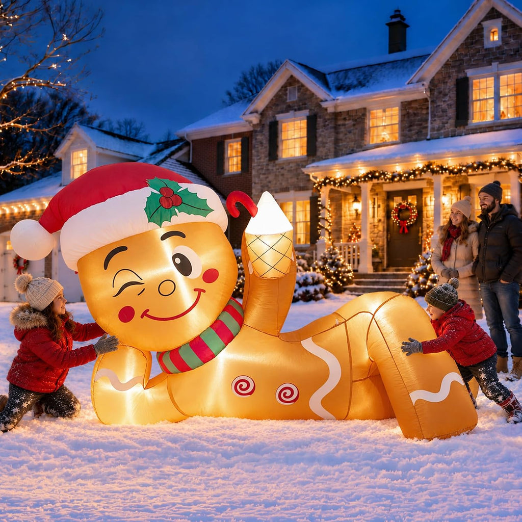 10FT Christmas Inflatable Funny Lying Gingerbread Man for Roof & Yard Decor