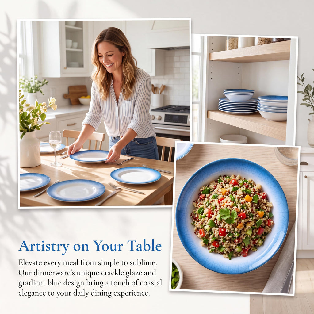 12pcs Melamine Dinnerware Set, Blue Crackle Plates and Bowls Set