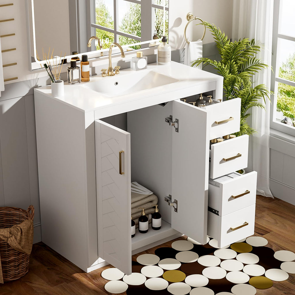 36 Inch White Bathroom Vanity with Sink & Gold Handles, Light Luxury