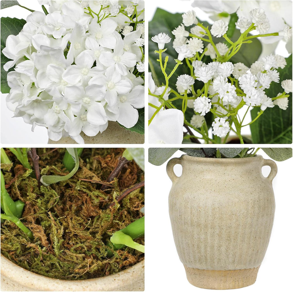 Artificial White Hydrangea in Pot with Vintage Ceramic Vase, Potted Hydrangea Arrangement - Faux Flower Centerpiece