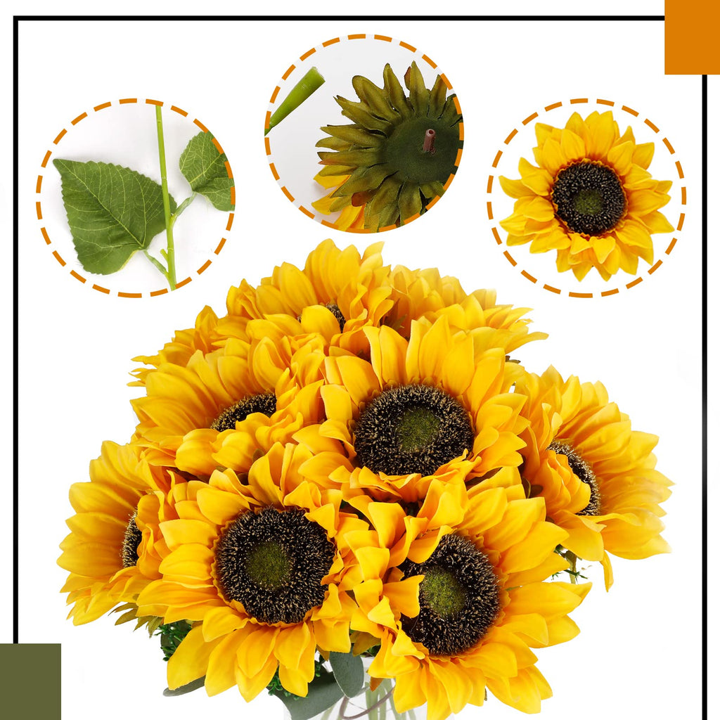 10pcs Sunflowers Artificial Flowers with Long Stem Fake Sunflowers Bulk Fall Decoration for Wedding Home Birthday