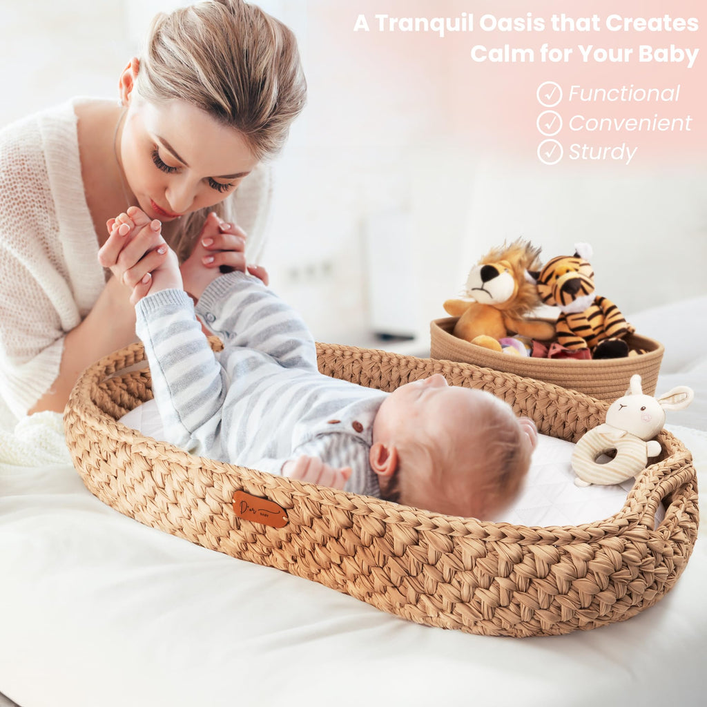 Handmade Baby Changing Basket Set with a Soft Changing Pad and Waterproof Cover, Diaper Organizer, Rattle Shaker, Moses