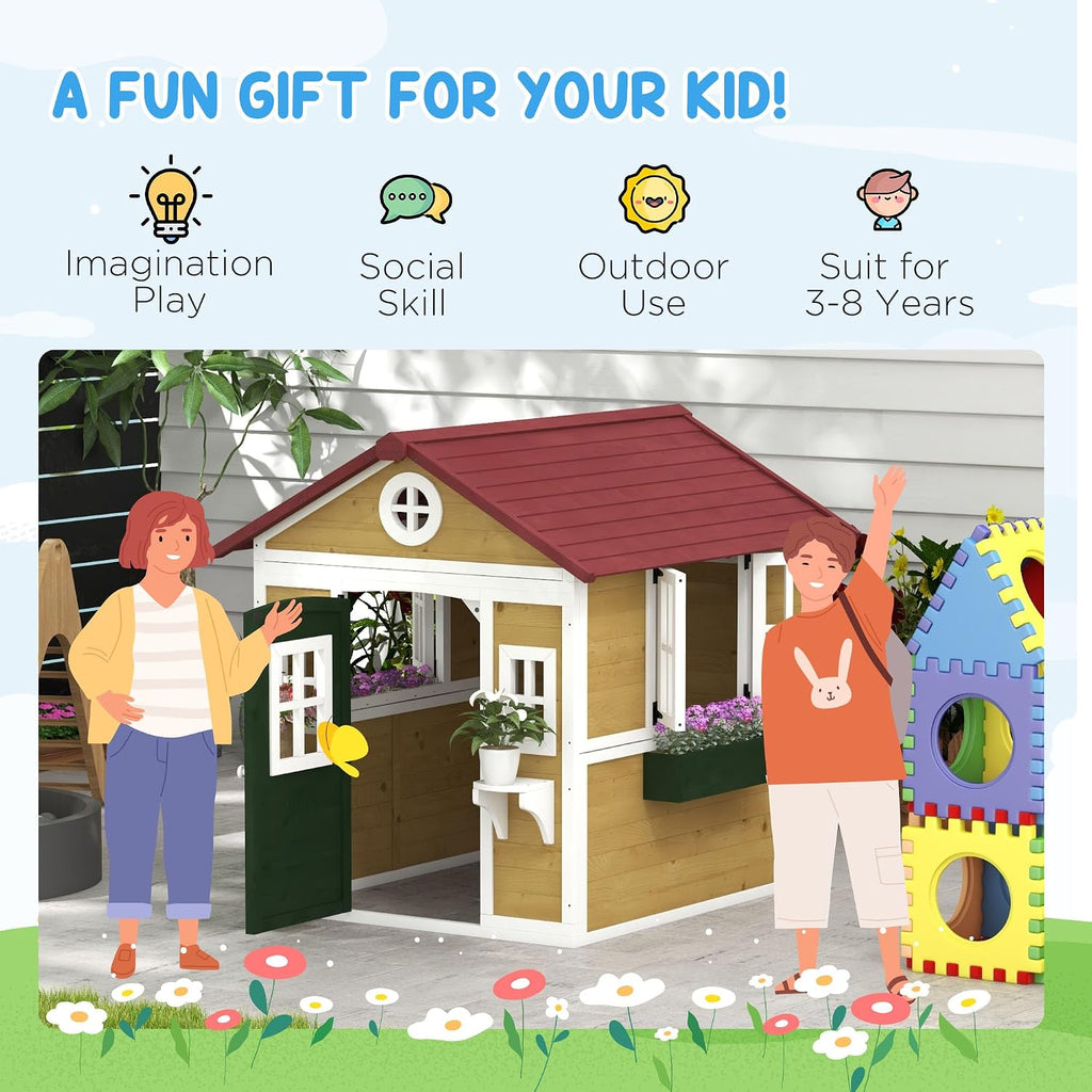 Outdoor Kids Playhouse with Dutch Door for Toddlers 3-8, Beige | Wooden, Windows, Flower Holders and Boxes, Cottage