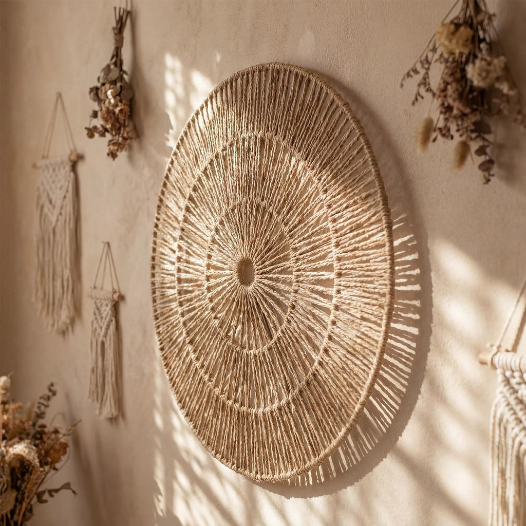 9 Pack Wicker Jute Wall Decor Baskets - Wicker Woven Jute Wall Mirrors Baskets Decorative Boho Hanging Woven Basket