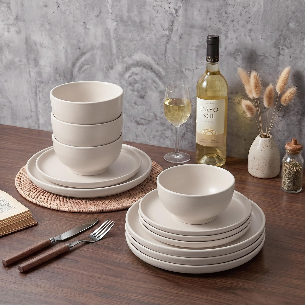 24 Piece Stoneware Dinnerware Sets, Ceramic Plates & Bowls Set for 8