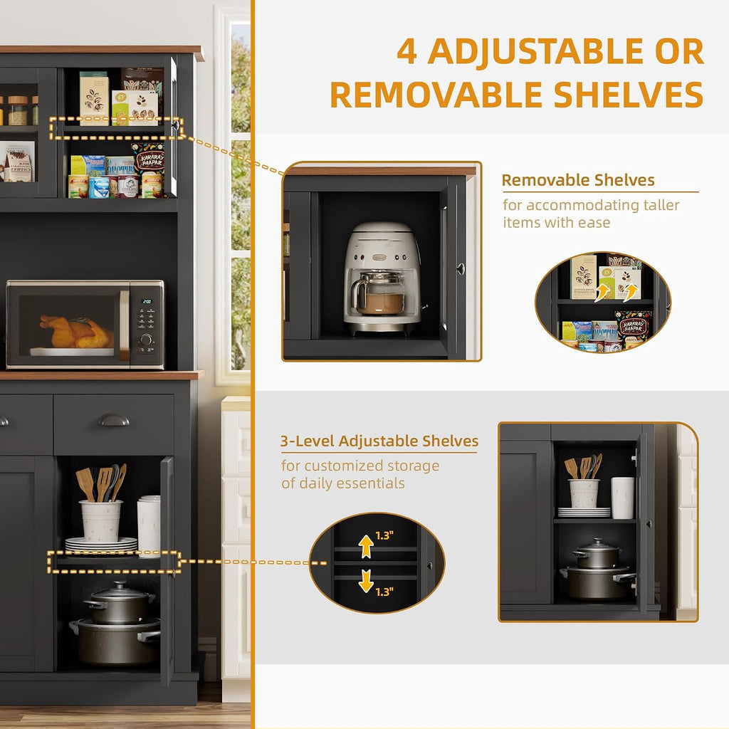 71" Kitchen Hutch with Charging Station, Tall Pantry Storage Cabinet with Microwave Stand, Adjustable Shelves, Slide