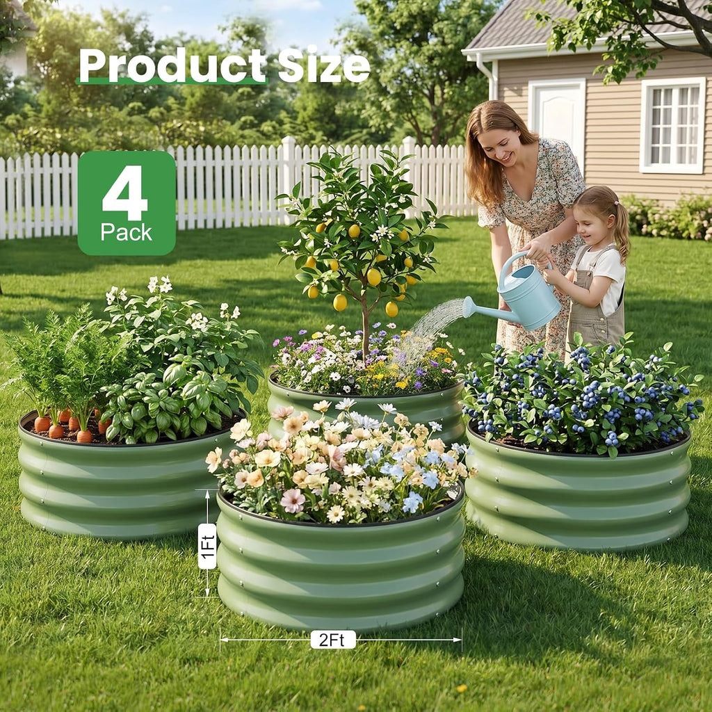 4 Pcs Round Raised Garden Bed Outdoor, 2x2x1ft, OliveGreen | Circle Garden Bed, Galvanized Raised Planter Box for