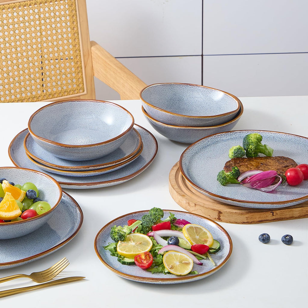 12 Pieces Round Kitchen Dinnerware Sets, Plates and Bowls Sets, Dishes, Plates, Bowls, Dish Set, Chip Resistant Ceramic