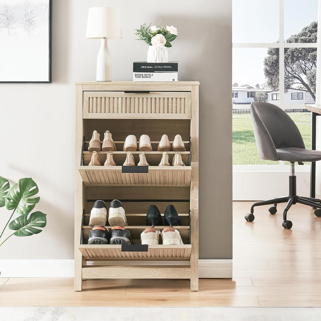 2 Flip Drawers Shoe Cabinet Storage , Narrow Shoes Organizer Cabinet for Front Door Entrance, Hidden Wooden Hallway