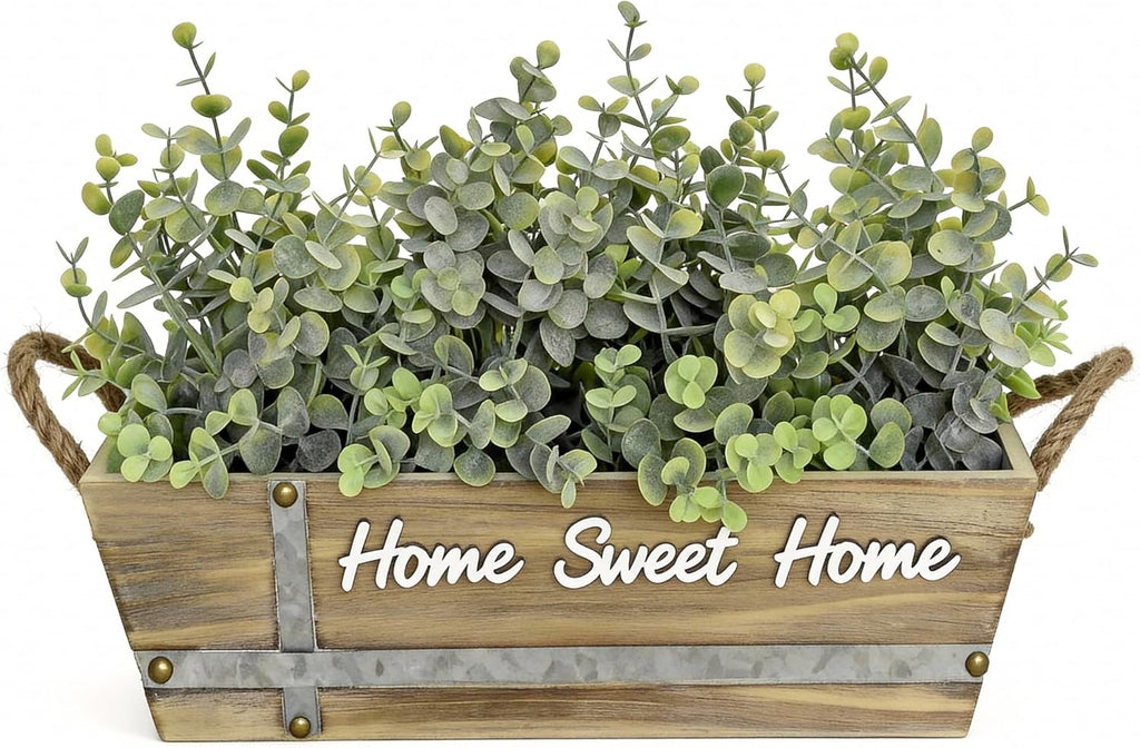 Artificial Eucalyptus Table Centerpiece in Wooden Box, Faux Greenery Arrangement with "Home Sweet Home" Sign, Jute