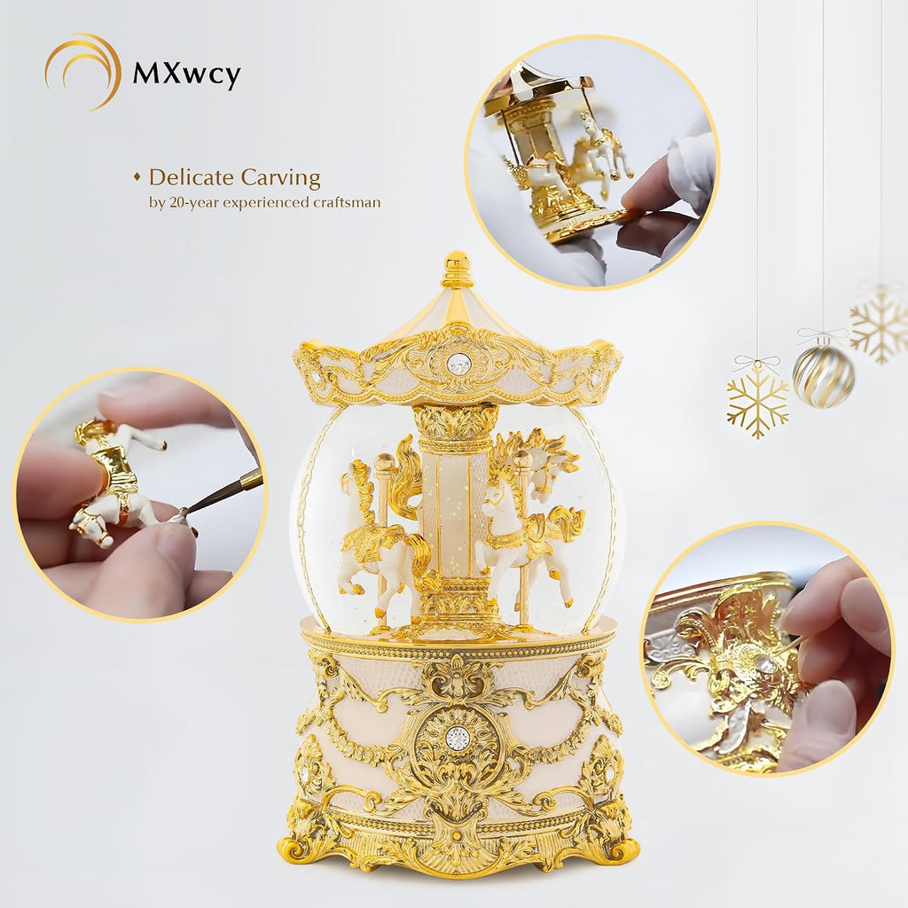 Carousel Music Box Gold & Ivory Christmas Snow Globes, 8.3" Rotate Carousel Snow Globe for Kids & Adults, Classic
