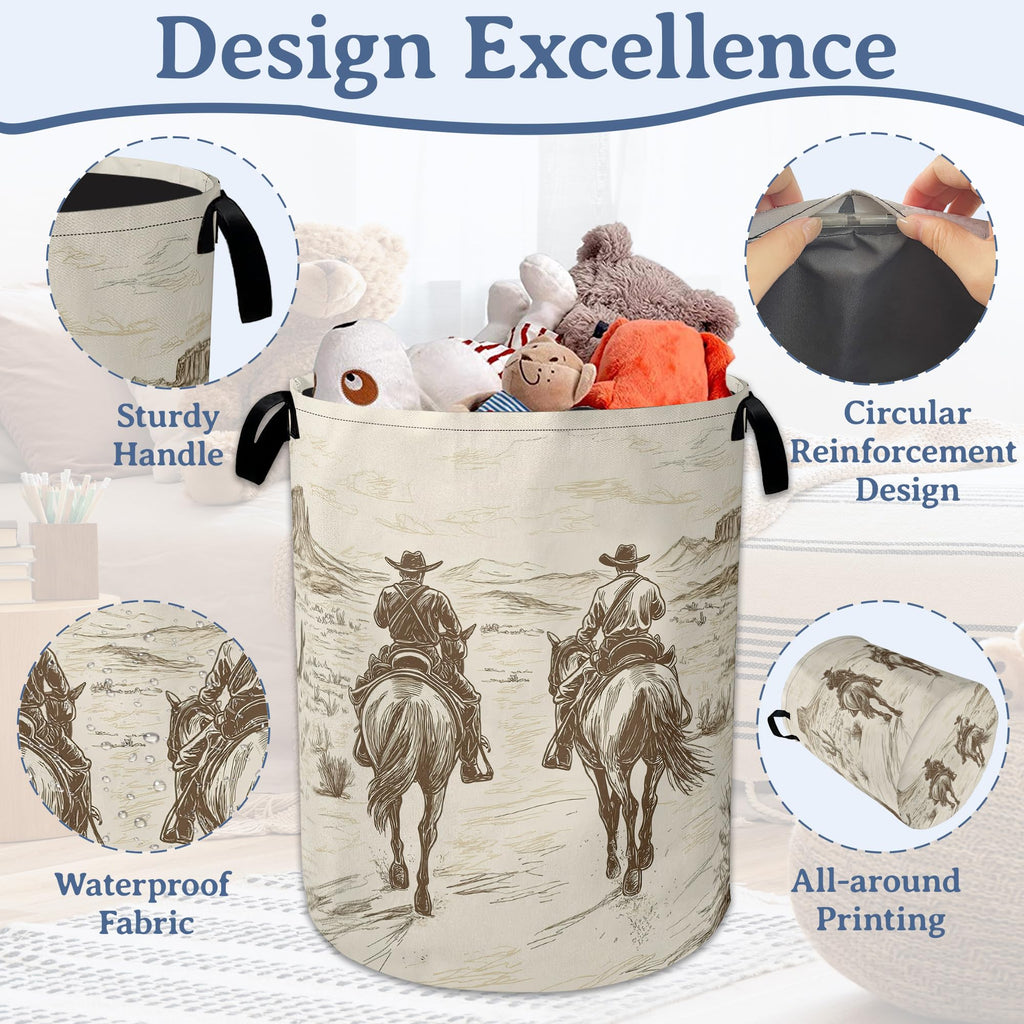 Western Cowboy Laundry Hamper With Handle,Foldable Oxford Cloth Horse Desert Laundry Basket,20.8"x16" Clothes Storage