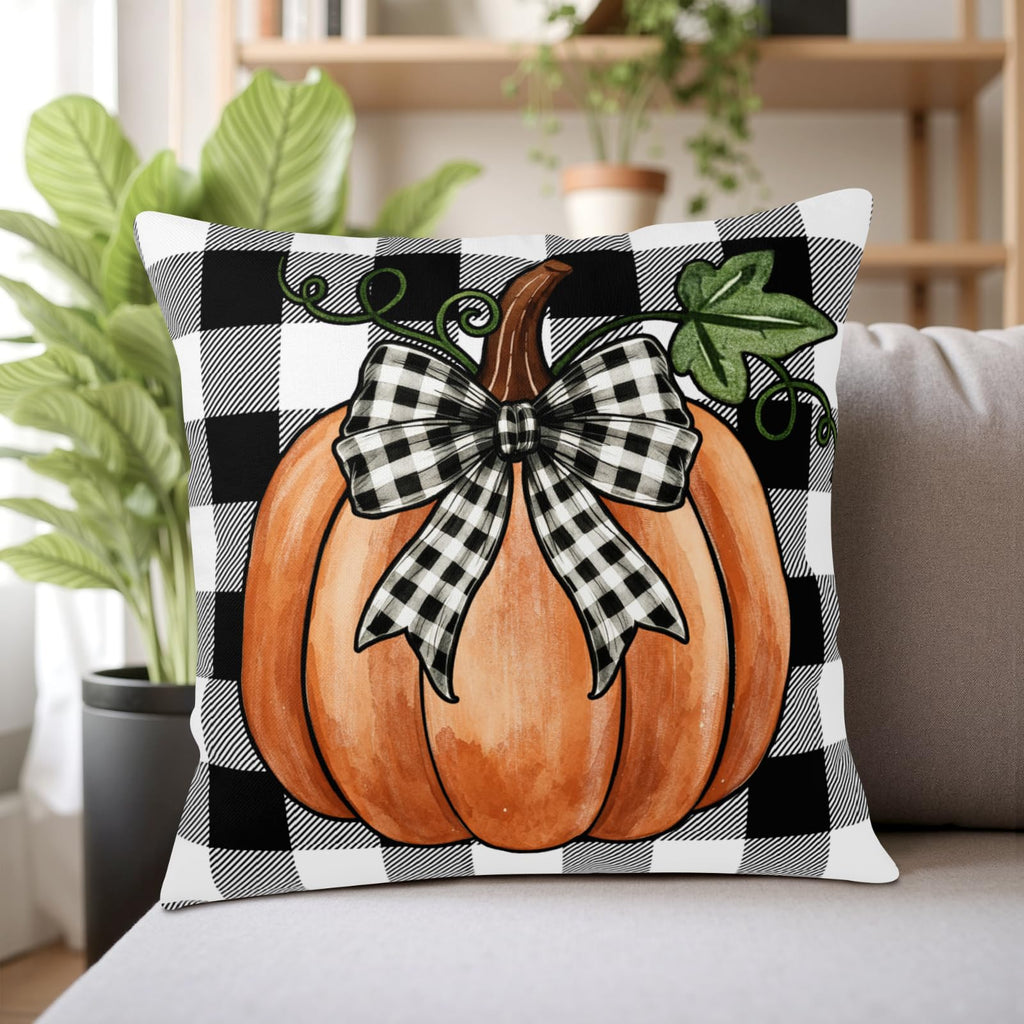 Fall Pillow Covers Burnt Orange Maple Leaf Pumpkin Black Buffalo Plaid Throw Pillow Covers Autumn Thanksgiving