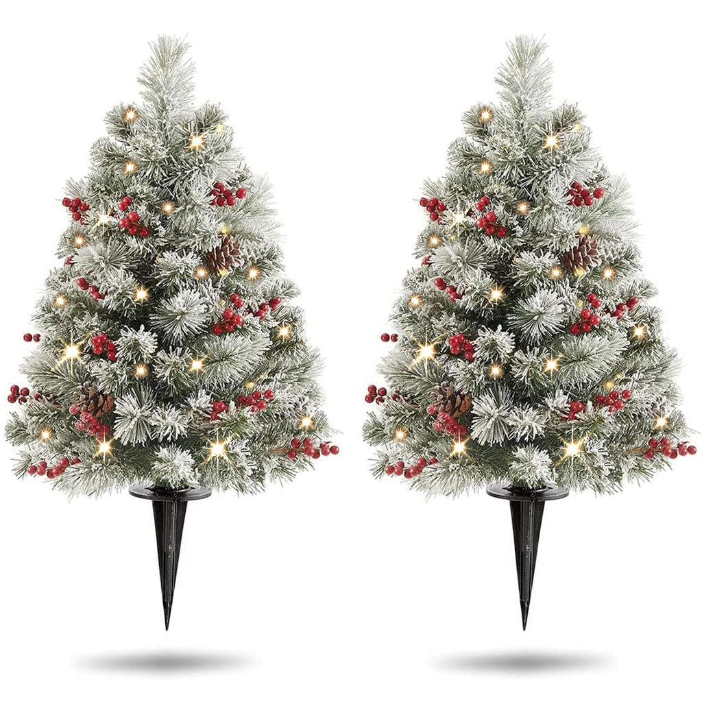 24 Inch Outdoor Christmas Tree Frosted Urn Filler 2 Set, Pre-lit Artificial Xmas Tree with 50 LED Lights, Realistic