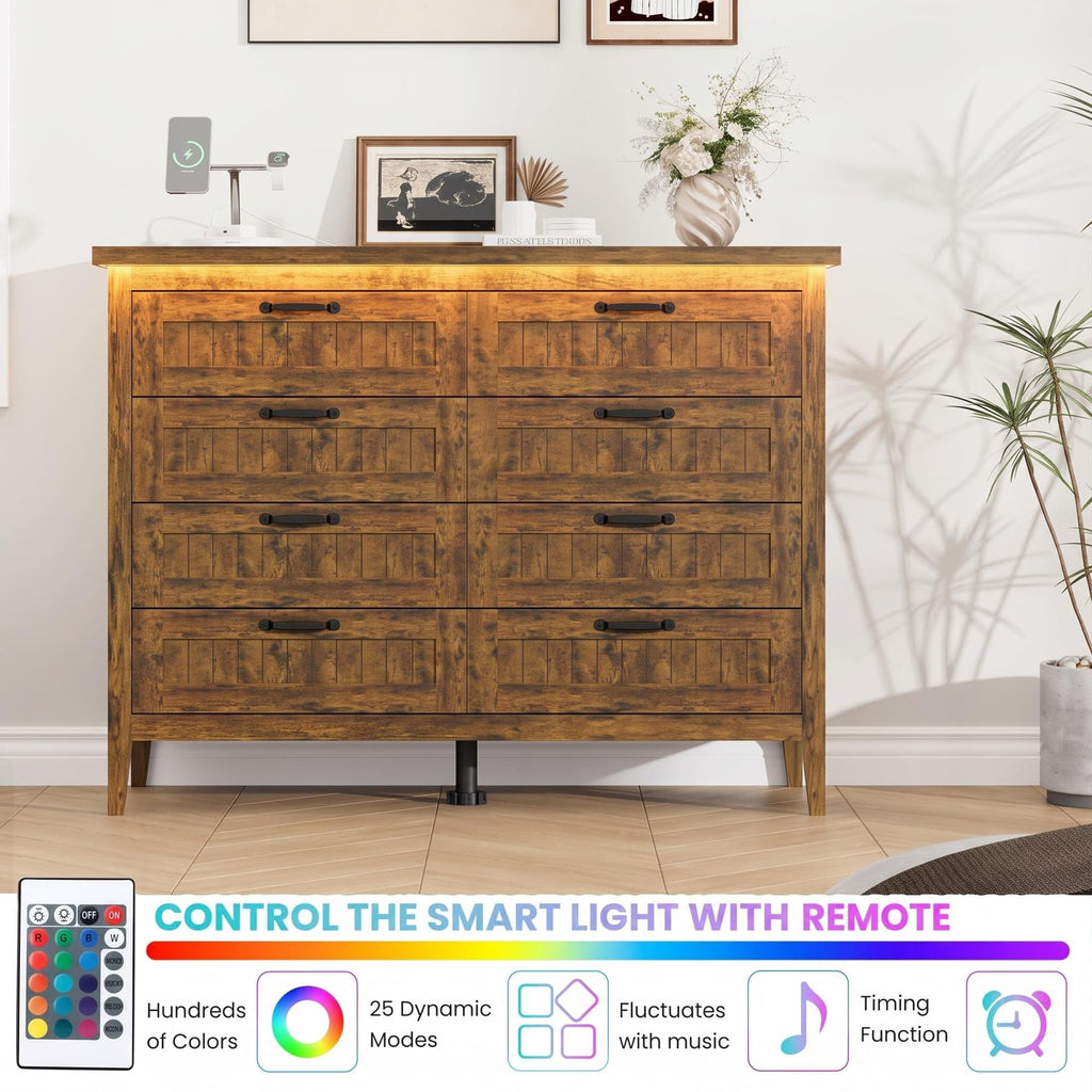 47.3'' Rustic Brwon 8 Drawer Dresser with Power Outlet & LED Lights