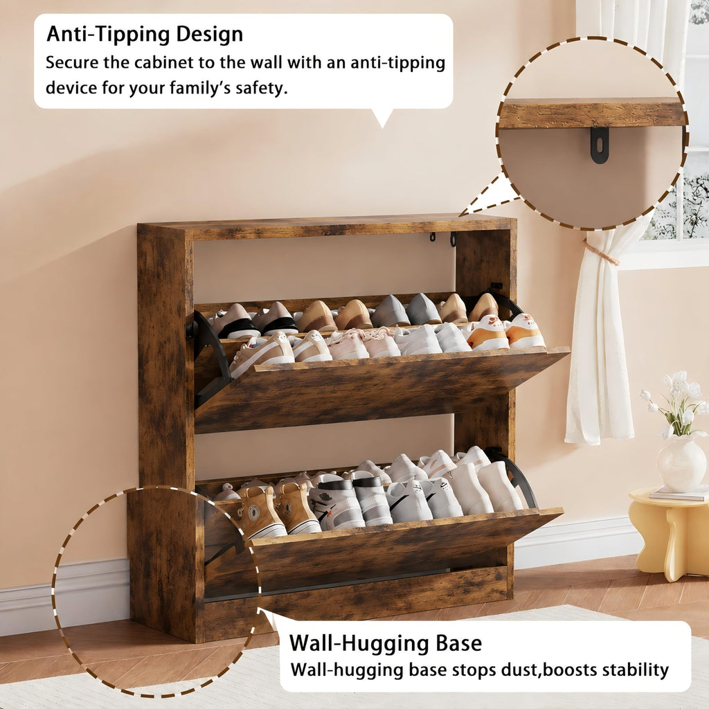 Brown Hidden Shoe Storage Cabinet with 2 Flip Drawers